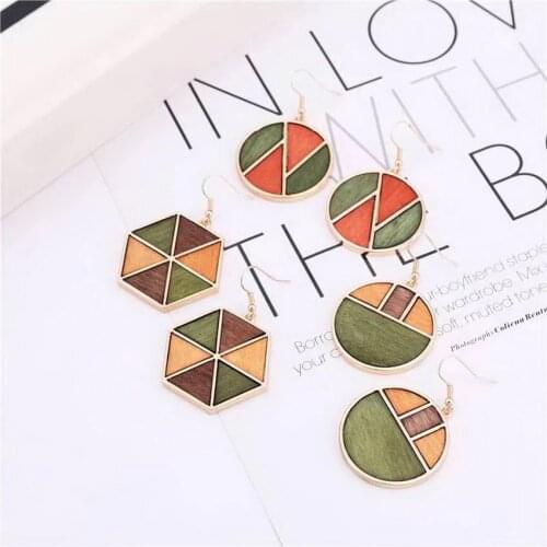 Abstract Geometric Hexagon Contrast Color Triangle Platter Wooden Earrings for Women Two Tone Wood Round Earrings Wholesale