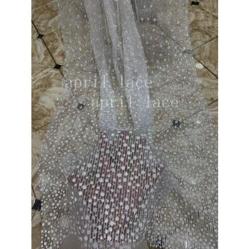 Atp08 crystal white beads silver glued glitter sugar lace net mesh fabric for sawing/fashion wedding/party