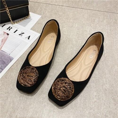 Black Square Toe Womens Shoes New Metal Decoration Ballet Shoes All-match Slip On Flat Single Shoes Women Soft Sole Suede Flats