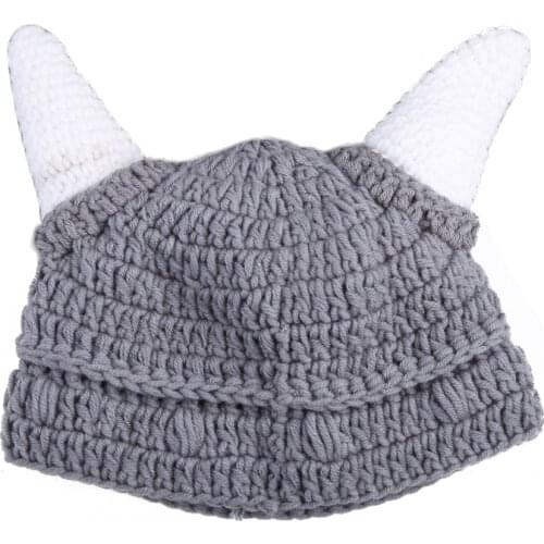 Adult Kids Handmade Crochet Knitted Beanie Hat Cute Funny Ox Horn Parent-Child Barbarian Viking Stretchy Skullies Cap