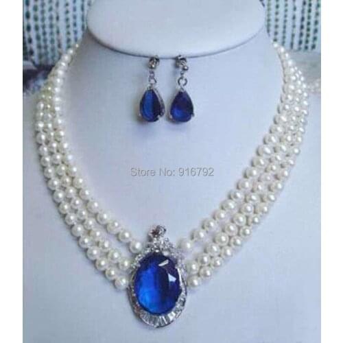 HYFY2014320*****3 rows white pearl pendant necklace earrings Set