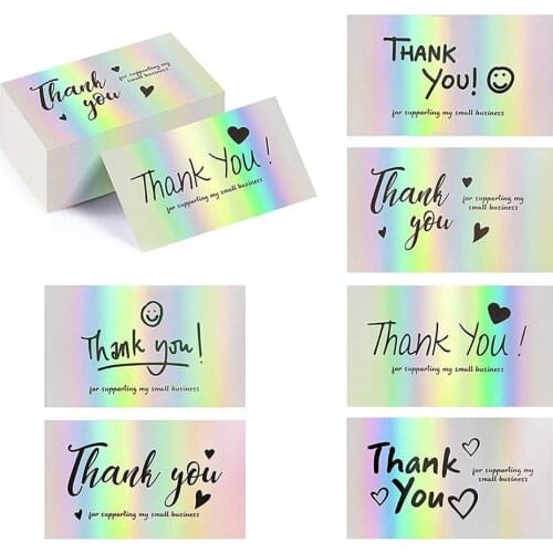 50pcs/pack laser thank you card for supporting business package decoration business card 6 styles Rainbow smile face card stock