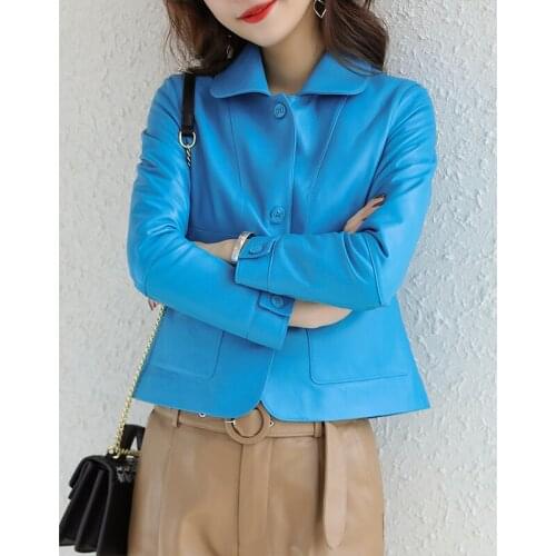 2021 Spring Autumn Genuine Leather Jacket Women Real Sheepskin Coat Short Blue Korean Women Clothes Fashion Veste Femme WPY2834
