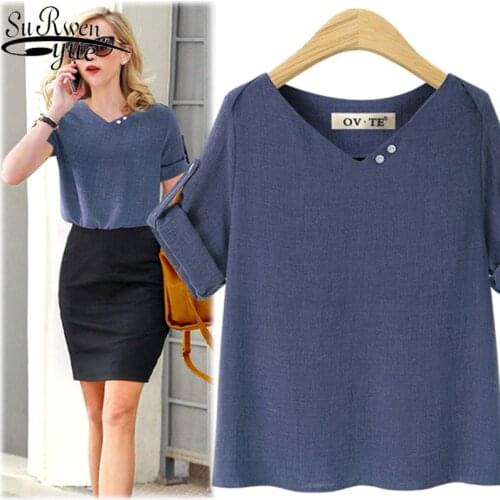 Fashion Women t-shirts V-neck Button Solid Color Shirt Loose Thin Short Sleeve shirts Womens Clothing Plus Size L-4XL 9470 50