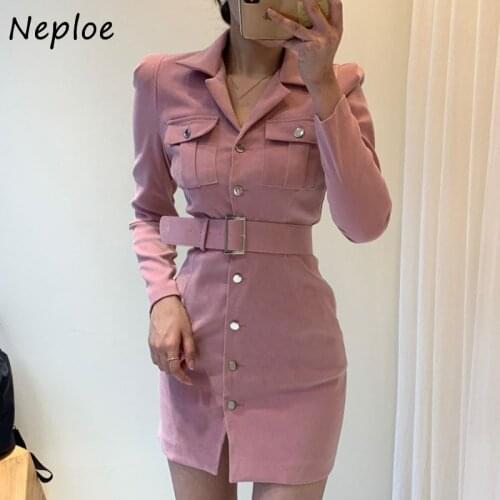 Neploe Single Breasted Slim Waist Vestidos Chic Autumn Temperament Suit Collar Robe Multi-pocket Bodycon Dress with Belt Women