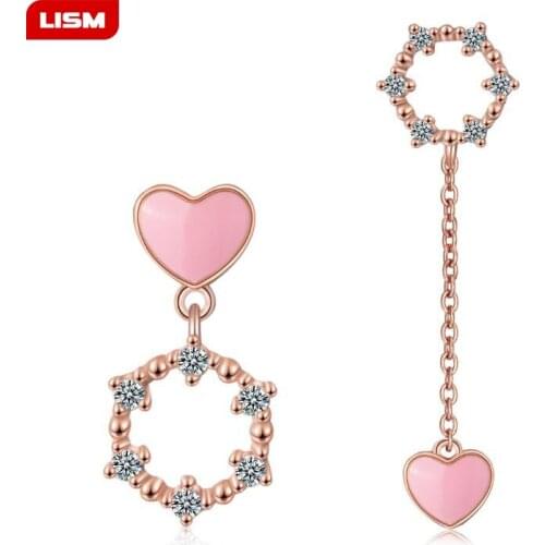 2019 New Pink Love Heart Asymmetrical Earrings Geometric Zircon Long Tassel Silver Plated Earrings oorbellen