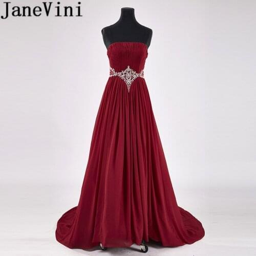 JaneVini Charming Chiffon Crystal Beaded Mother of the Bride Dresses A Line Pleats Sweep Train Strapless Burgundy Evening Gowns