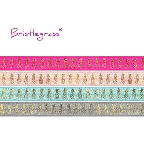 BRISTLEGRASS Wholesale 50 Yard 5/8" 15mm Gold Pineapple Print Fold Over Elastic FOE Spandex Band Headband Tutu Dress Sewing Trim