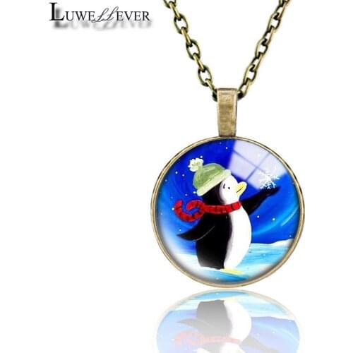 Penguin Necklace 541 25mm Bronze 30mm Wood Rhinestone Double-sided Moon Round Glass Pendant For Women Gift