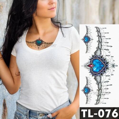 Water Transfer Blue Heart Shaped Jewelry Lace Temporary Tattoo Sticker Chest Totem Pattern Body Art Waterproof Fake Flash Tattoo
