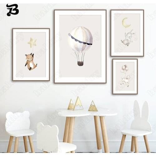 Nordic Cute Animals Posters Wall Art Canvas Painting Posters and Prints Hot Air Balloon Animal and Balloons for Kids Room Decor