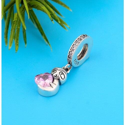 Monkey With Pink Heart Charm For Original Sanke Bracelet Necklace Women Jewelry Making 925 Sterling Silver Shinning Crystal Bead