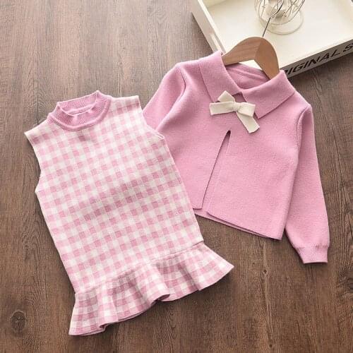 Baby Girl Knitted Clothes Kids Cloak Coats Sleeveless Plaid Ruffles Dress Outfits Childrens Elegant Bow Cute Clothing 2-6 Years
