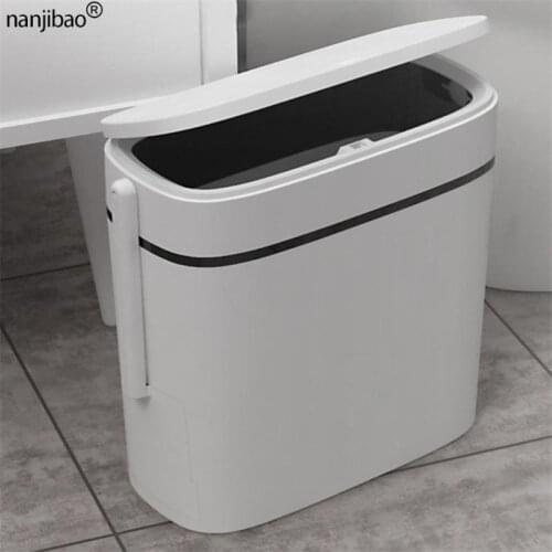 Smart 14L One Key Button Trash Bin Can for Toilet with Brush & Lid Household Bathroom Narrow Seam Trash Can Waste Garbage Bins