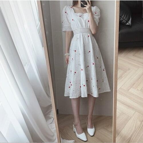 Sannian Women Dress Summer Sweet Embroidery Flowers Thin Square Neck Waist Hollow Design Bubble Sleeve Dresses Ladies Clothes