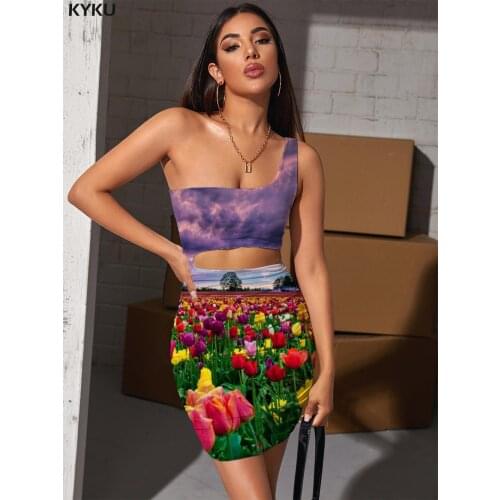 KYKU Flowers Dresses Women Cloud Hollow out Dresses Colorful Pleating Romantic Halter Sleeveless Womens Clothing Party New Boho