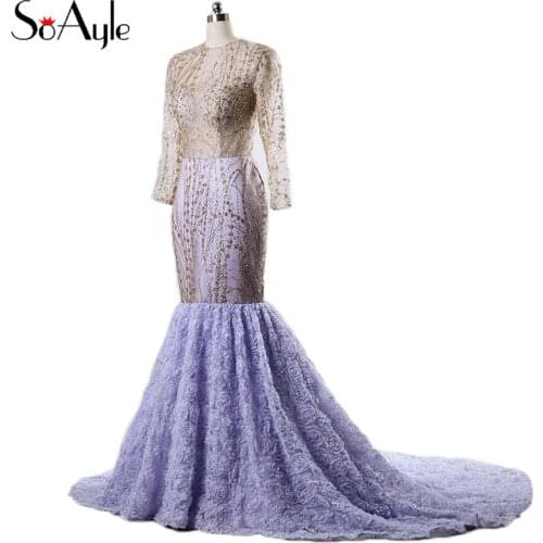 SoAyle Real Picture Vestidos de festa 2017 Evening Dresses Lavender Long Sleeves Dresses Gold Top Transparent Roses Formal Dress
