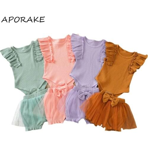 2021 0-24M Baby Girl Clothes Set Sweet Solid Color Ruffle Sleeveless Romper+Bow Tulle Shorts Skirt Summer 2pcs Outfits