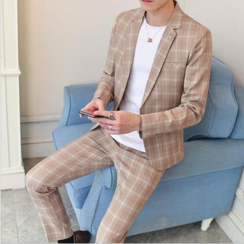 2021 Blue khaki plaid Wedding Suits for men slim fit 2 piece set groom formal party lapel tuxedo man suit Beige Jacket pants