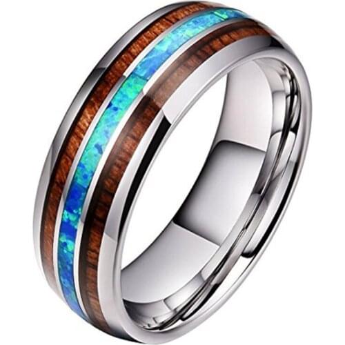 8mm Hawaiian Koa Wood Blue Opal Engagement Ring Tungsten Wedding Bands Couple Rings for Women Men Boho Stainless Steel Jewelry