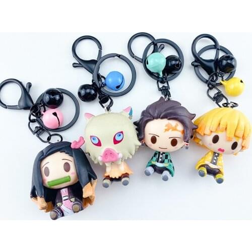 Anime Demon Slayer Keychain Doll Seated Version Tanjiro Nidouko Kitchen Door Demon Slayer Key Ring Pendant Figure Toy Xmas Gifts