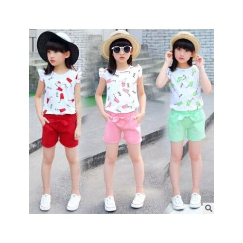 Kids girls short-sleeved suit 2020 new summer childrens cotton casual T-shirt big virgin piece shorts girls clothes 3-12 yrs 2