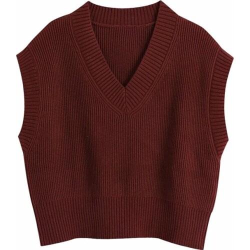 Evfer Women Autumn Casual V-Neck Red Za Short Sweaters Female Elegant Sleeveless Knitted Pullover Vest New Sprint Girls Jumpers