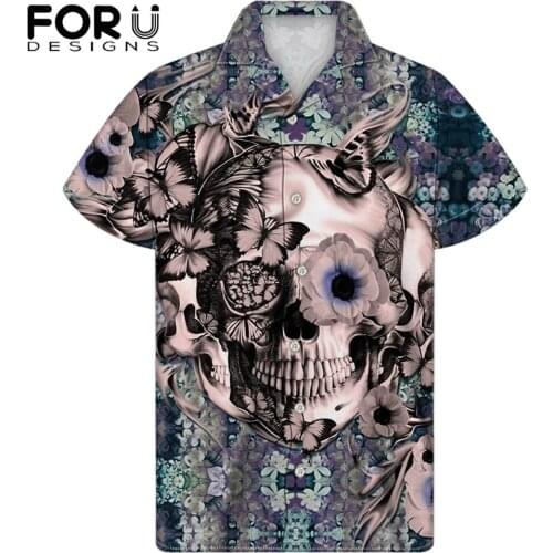 FORUDESIGNS Mens Casual Shirts Summer Vintage Sugar Skull Brand Design Oversized Blouse For Man Breathable Camisa Mascalina New