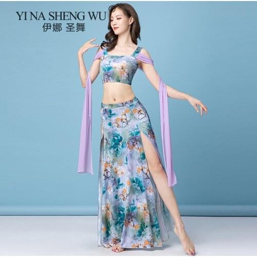 Aldult Oriental Practice Wear Set Printing Performance Dancing Women Bellydance Belly Dance Costume Set Top Split Long Skirt Set