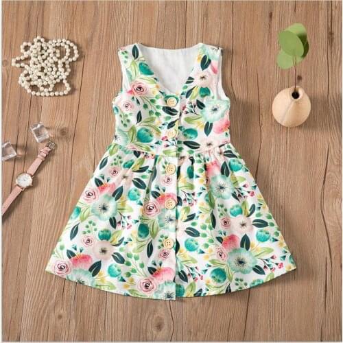 Summer Clothing New Style Sleeveless Clothes Printed Childrens Dresses With Buckle For Girls Dress Green Leaf Flower Baby Skirt