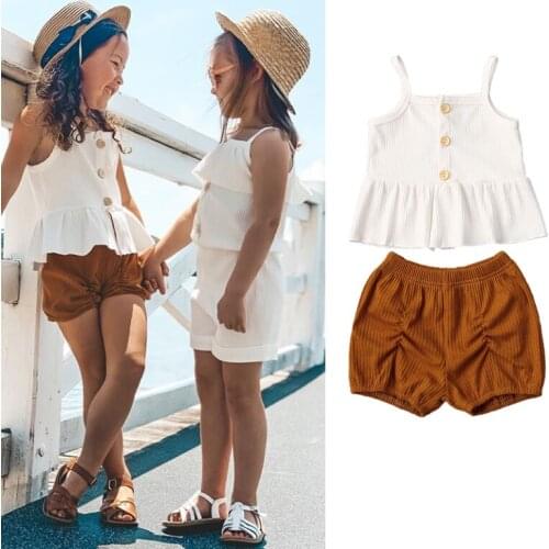 0-3Y Summer Toddler Baby Girls Clothes Sets White Button Vest Tops+Brown Shorts Trousers 2pcs