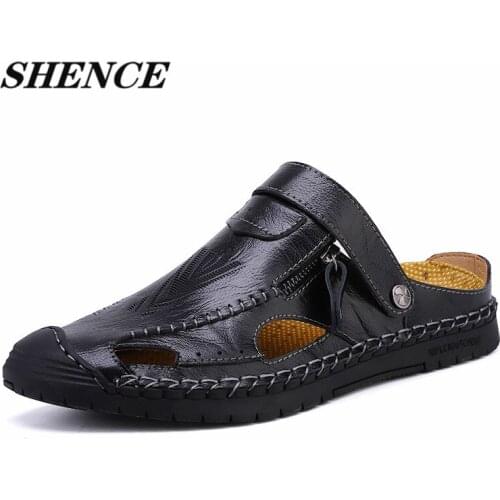 SHENCE Summer Men Sandals and Slippers Man Casual Shoes Outdoor Hiking Shoes Non-slip Soft Breath Male Genuine Leather Sandals