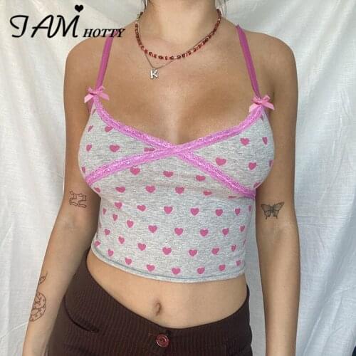 Pink Heart Print Grey Contrast Lace Bow y2k Crop Top Women Harajuku Kawaii Sleeveless Summer Camisole V-neck Party Tees Iamhotty
