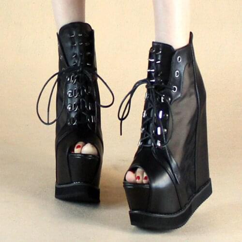 Summer new 15cm sexy mesh super high heeled womens shoes lace up thick bottom rivet slope heel sandals fish mouth muffin shoes