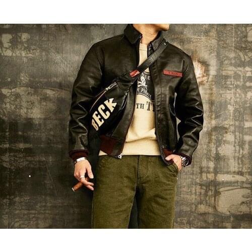 YR!Free shipping.Luxury tanned 1.4mm thick cowhide A2 jacket.Classic vintage Flight leather coat.quality black leather vlothes