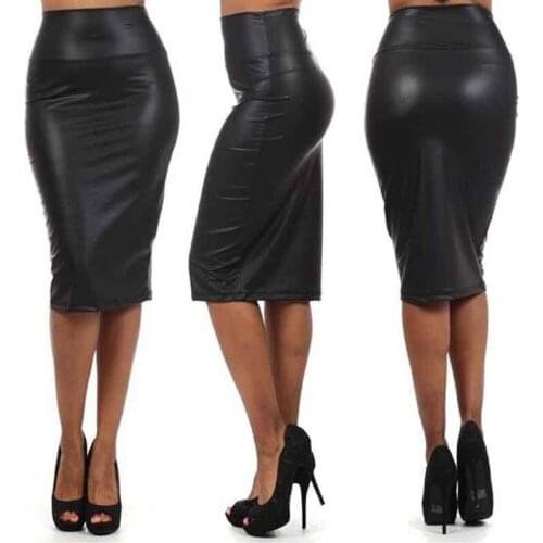 Black Red Leather Skirts Woman High Waisted Skirt Gothic Style PVC Bodycon Wrapped Office Lady Pencil Skirts Female Saias Midi