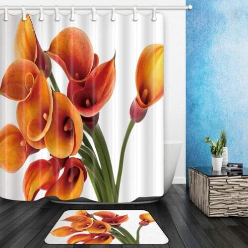 Orange Flower Shower Curtains Set Calla Lily Floral Plant Bathroom Decor Home Bath Bathtub Curtain and Flannel Mat 40x60 cm