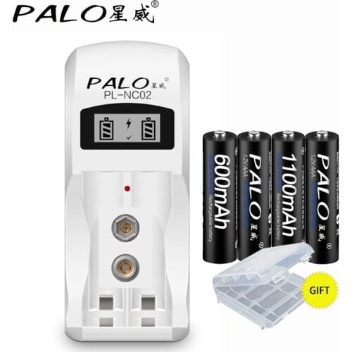 2 Slots Almighty Travel Smart LCD Battery Charger For AAA AA 9V 6F22 Batteries With 2Pcs 600mahAAA+2Pcs 1100mahAAA Batteries