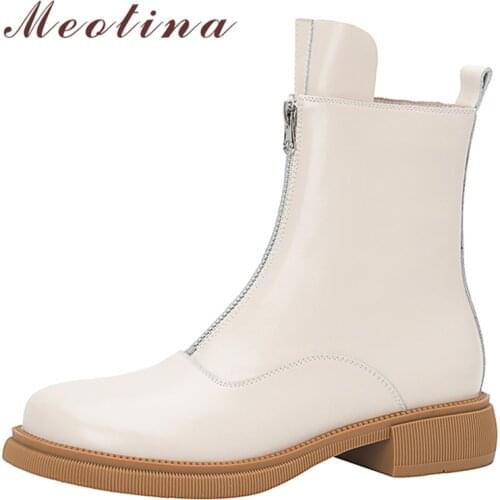 Meotina Women Ankle Boots Genuine Leather Shoes Round Toe Fashion Boots Zipper Thick Med Heel Ladies Boots Autumn Black Beige 40
