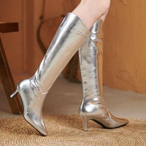 Black Sliver Beige Women Knee High Boots Sexy Thin Heel Slip On Westren Boots Faux Leather Pointed Toe Boots Autumn Winter Shoes