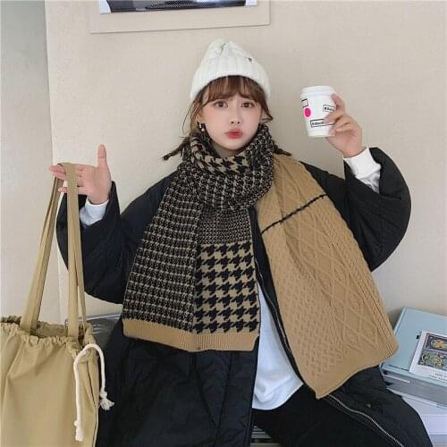 Womens houndstooth Plaid scarf winter, 2021 new retro color matching knitted woolen warm luxury double-sided thick soft scarf