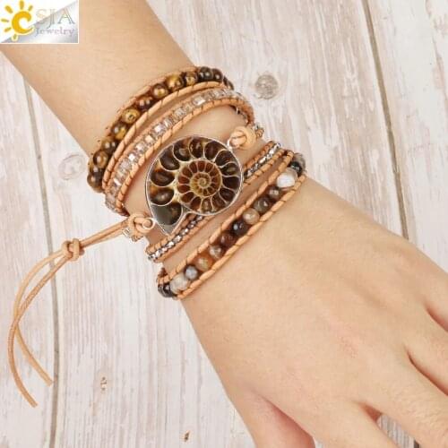 CSJA Boho Leather Fossils Wrap Bracelet Natural Stone Bracelets for Women Tiger Eye Bead Multilayer Wickelarmband S475
