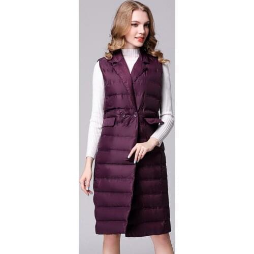 Autumn Women Knee Length Duck Down Vests Slim Down Padded Parkas Female Sleeveless Jackets Waistcoats Outerwear VT-254