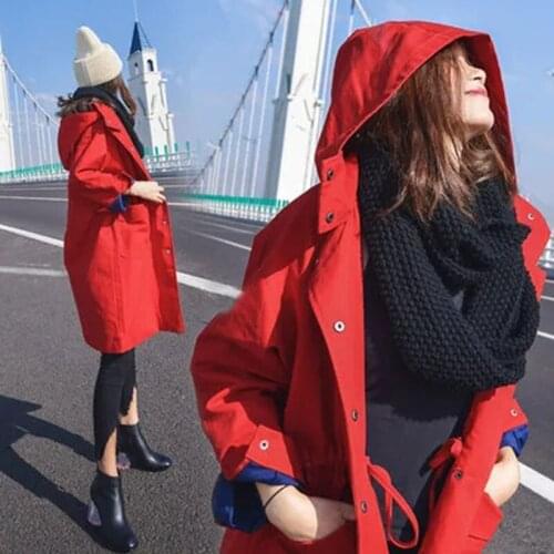 Women Trench Coat Hooded Long Sleeve Casual Mid-length Windbreaker Female 2021 New Spring Autumn Loose With Outerwear