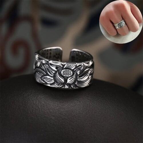 Fashion Women Ring jewelry Free Size open Lotus Flower Silver Color Heart Sutra GIFT
