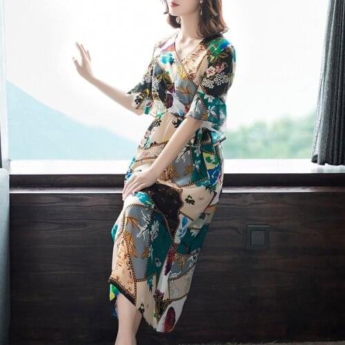 2021 Vintage Mulberry Silk Midi Dress Spring Summer 3XL Plus Size Print Runway Maxi Dresses Elegant Women Bodycon Party Vestidos