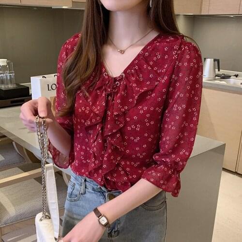 2020 fashion small shirt V-neck floral chiffon shirt female red foreign super fairy shirt