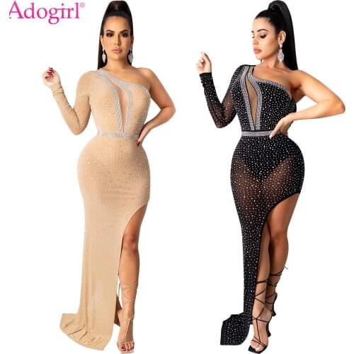 Adogirl 2021 Sheer Mesh Patchwork Diamonds One Shoulder Dress See Through High Split Party Vestidos Night Club Wear Elegant Robe