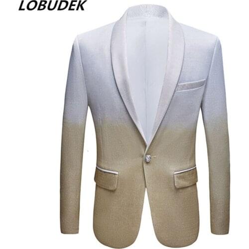 Shiny Silver Gold Gradient Blazer Mens Fashion One Button Slim Casual Coat Bar Evening Party Host Singer Business Suit Jacket