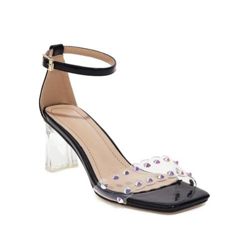 Sandals For Women 2021 Pumps Genuine Leather Square Toe Heels Sandals Transparent Rivet Chunky Heels Party Wedding Shoes 3804